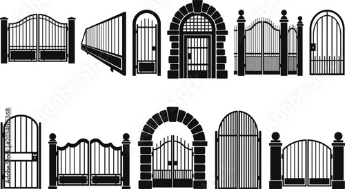 Fotografía Black and white silhouette collection of ornate wrought iron gates for architect