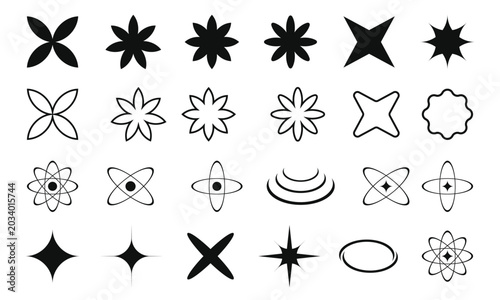 Set of black geometric star and flower isolated on a transparent background for projects