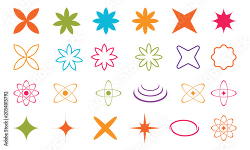 Collection of colorful geometric star and flower shapes on a transparent background, for projects