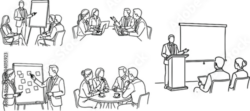 Business meeting presentation and team seminar hand drawn line icon set