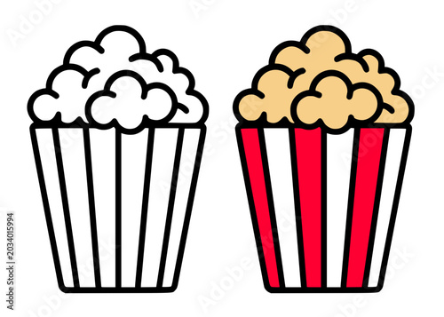 Popcorn icon illustration, in line art and colored design, for food themed coloring page