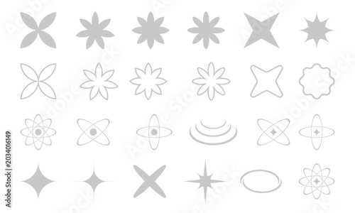 Collection of light gray geometric star and flower shapes isolated on a transparent background