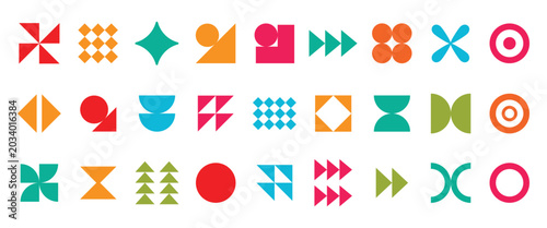 Set of colorful geometric shapes, and abstract patterns on a transparent background