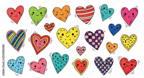 Collection of colorful hand-drawn heart with cute smiling faces, patterns, and doodles on a black background