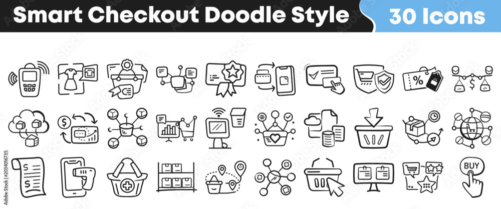 Naklejka premium Hand drawn collection of various smart checkout process doodle icons