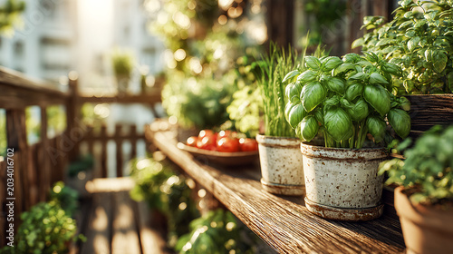 Cozy urban balcony garden with pots of basil parsley lettuce tomatoes and green onions near outdoor seating