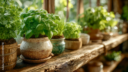 Cozy kitchen interior with basil parsley dill mint and green onions growing on a sunny windowsill