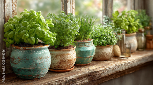 Cozy kitchen interior with basil parsley dill mint and green onions growing on a sunny windowsill