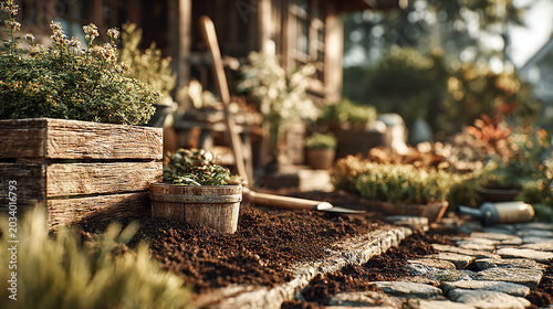 Homeowners planning and arranging plants outdoor furniture and landscaping elements in a cozy private backyard