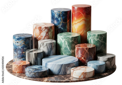 Collection of cylindrical marble pedestals in various sizes and colors, featuring natural stone veining patterns arranged on a circular