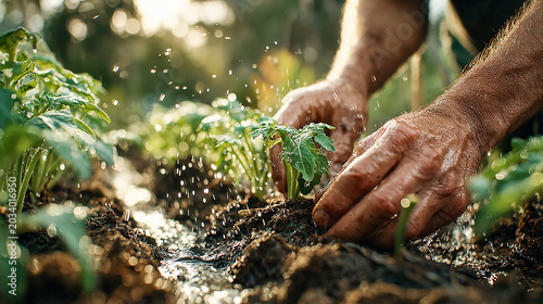 Hands planting seedlings watering vegetables and harvesting fresh produce from garden beds