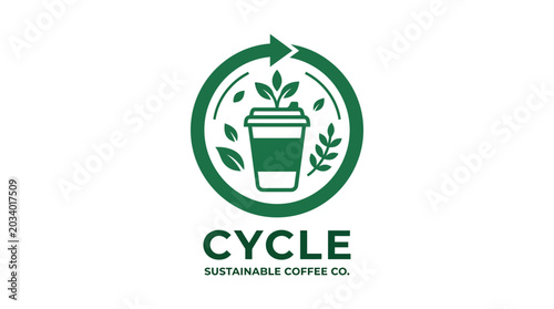 Green coffee cup logo with recycling symbol.