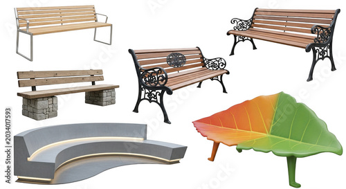 Collection of diverse outdoor park benches including wooden slats with metal frames, stone base seating, curved concrete benches, and a