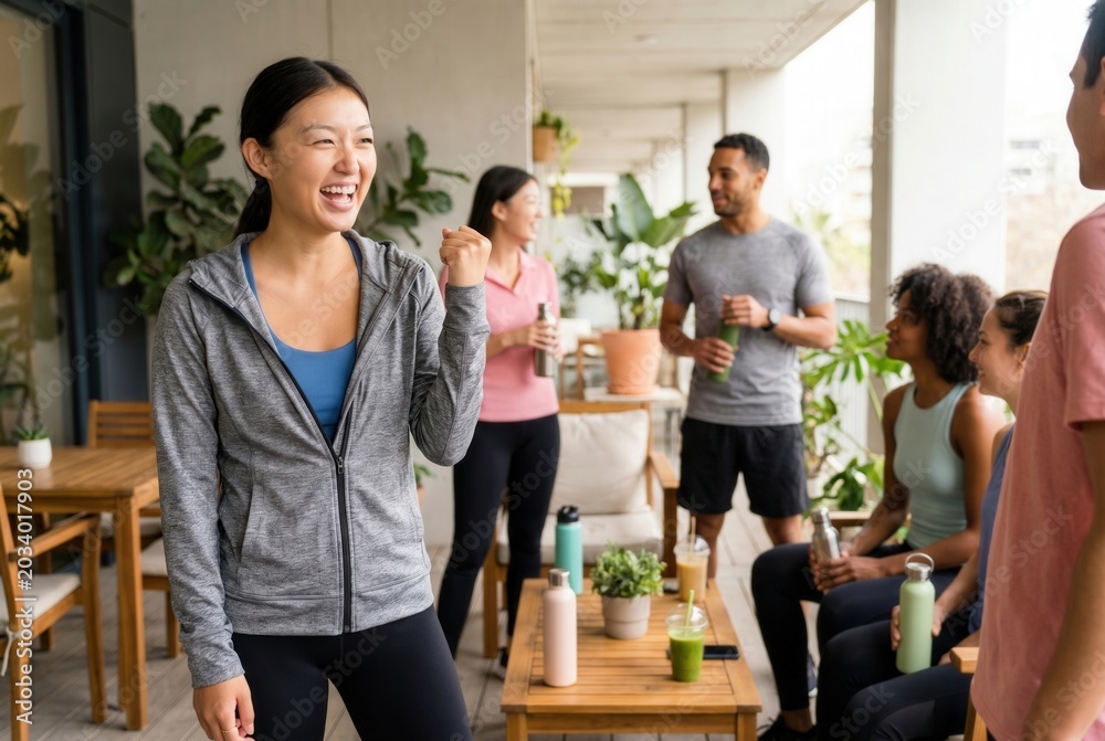 Fototapeta premium Diverse friends socializing on a balcony, drinking healthy beverages after a workout