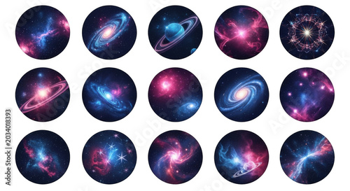 Collection of fifteen circular space featuring glowing galaxies, nebulae, planets with rings, and star clusters on a black background