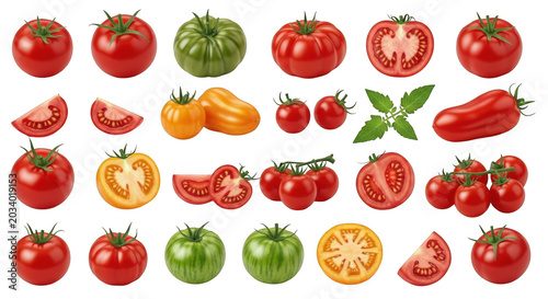 Collection of fresh red, green, and yellow tomatoes including whole, sliced, and vine-ripened varieties isolated on a black background