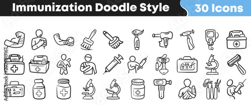 Set of hand drawn immunization and medical equipment doodle icons