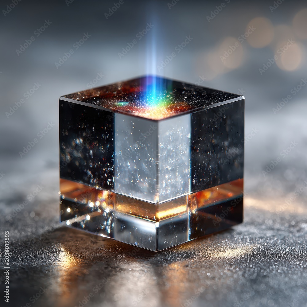 Fototapeta premium Abstract Crystal Cube with Light Beam and Rainbow Spectrum Effect