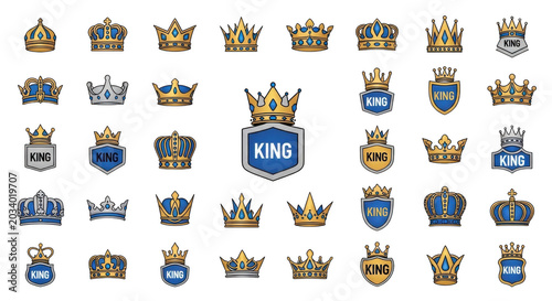 Collection of golden crowns and royal shield emblems with the word king, isolated on a black background, for heraldic