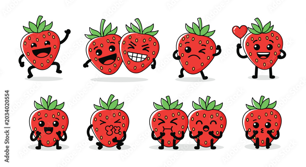 Naklejka premium Group of adorable strawberry characters with arms and legs showing various playful emotions and holding a small heart.