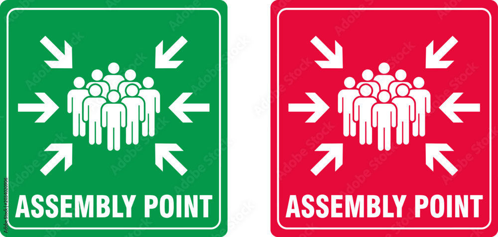 Fototapeta premium Assembly point signs for emergency evacuation and safety