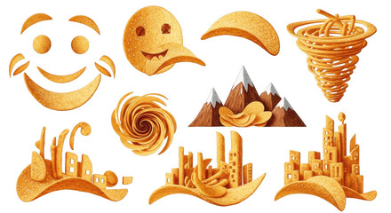 Collection of potato chip sculptures shaped like a smiling face, a tornado, mountain peaks, and various city skylines isolated on a black