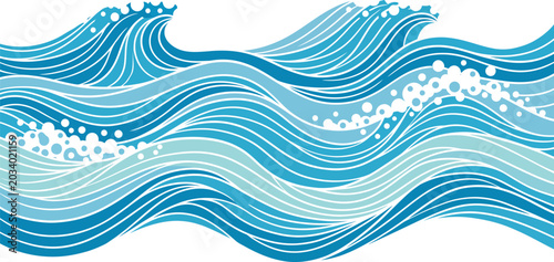 Obraz na płótnie Stylized ocean waves seamless pattern with white foam blue gradient vector illus