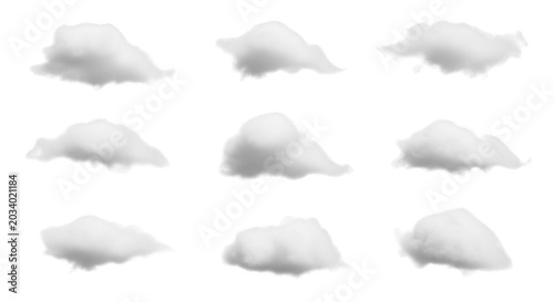 Collection of nine isolated white fluffy clouds with soft textures, arranged in a grid pattern against a solid black background