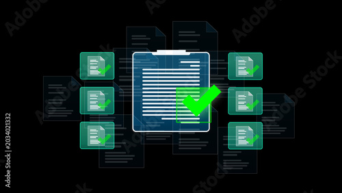 Digital Approval Workflow: A modern, digital workflow illustration depicts a central document with a prominent green checkmark.