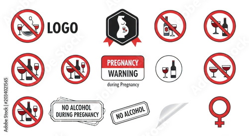 Collection of pregnancy warning and no alcohol signs featuring wine bottles, glasses, and female symbols on a black background