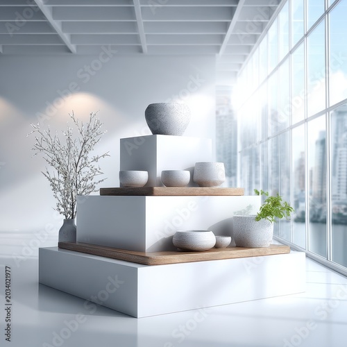 Minimalist Product Display Stand with Plants and Modern Interior Design
