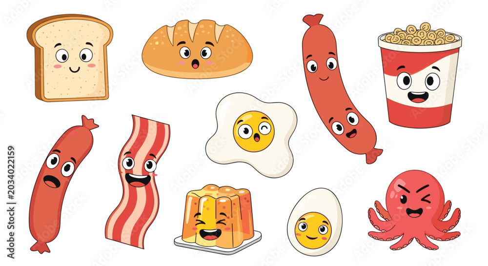 Obraz premium Collection of cute food characters with expressive faces including bread, eggs, sausage, bacon, jelly, and an octopus.