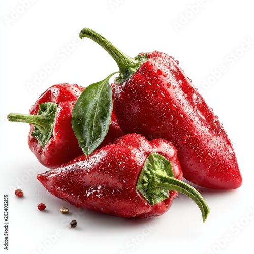 Fresh Red Bell Peppers with Water Droplets and Basil Leaf on White