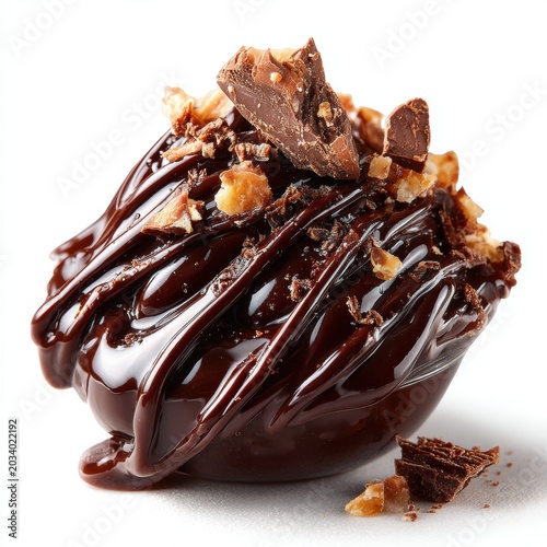 Delicious Dark Chocolate Truffle with Hazelnut Topping on White Background