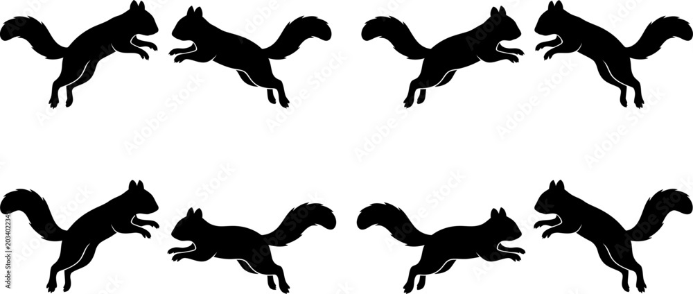 Fototapeta premium Eight black squirrel silhouettes in motion showing jumping and running poses isolated on white background