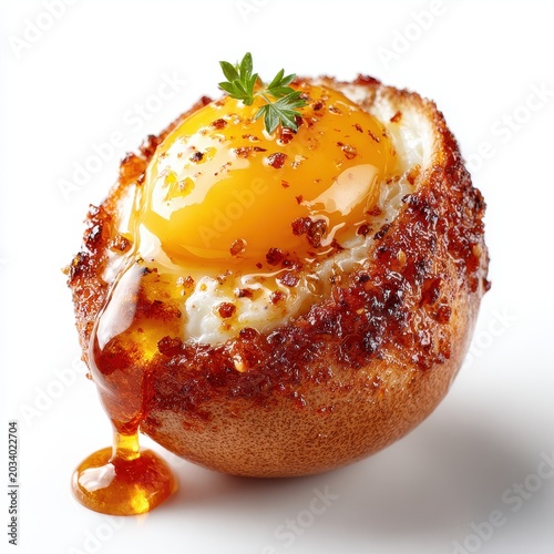 Gourmet Fried Egg in Bread Bowl with Honey Drizzle and Herb Garnish