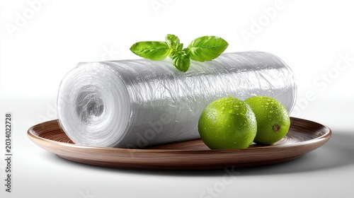 Fresh Limes, Basil, and Plastic Wrap Roll on Wooden Plate Still Life