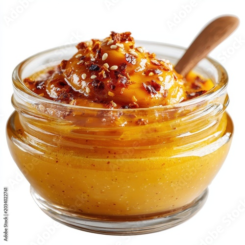 Gourmet Mango Dessert in Glass Jar with Toppings and Wooden Spoon