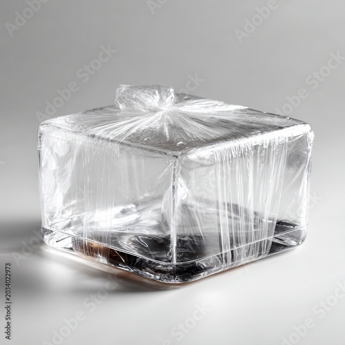 Wrapped Square Container with Dark Contents on White Background