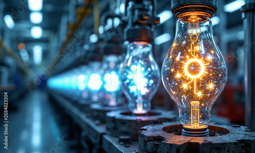 Innovation Idea Factory glowing lightbulbs on an assembly line represent the mass production of creative and smart concepts