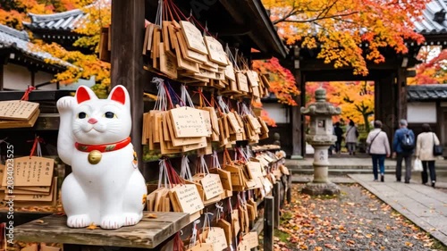 Lucky cat at a Tokyo temple in autumn, Japanese travel culture scene, traditional charm, seasonal foliage and iconic symbolic figure for tourism and heritage themes, natural light, realistic detail,