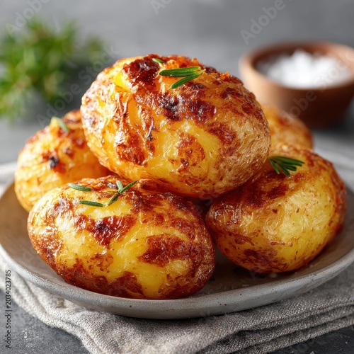 Roasted Potatoes with Rosemary on Plate, Close-up Gourmet Food