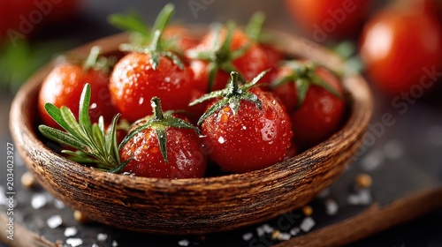 Fresh Cherry Tomatoes with Rosemary in Wooden Bowl, Healthy Food Still Life