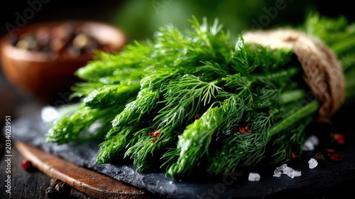 Fresh Dill Bunch on Dark Slate with Spices and Wooden Bowl