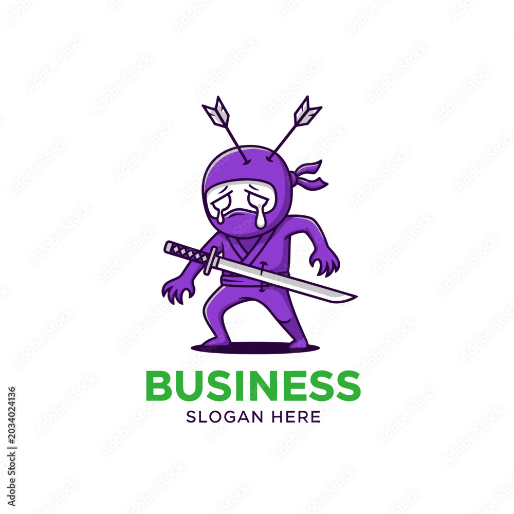 Fototapeta premium Cartoon ninja with tears, holding sword, dressed in purple, sad expression
