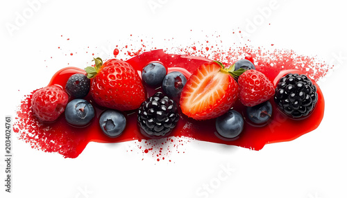 Mixed berries with red juice splatter isolated on white background