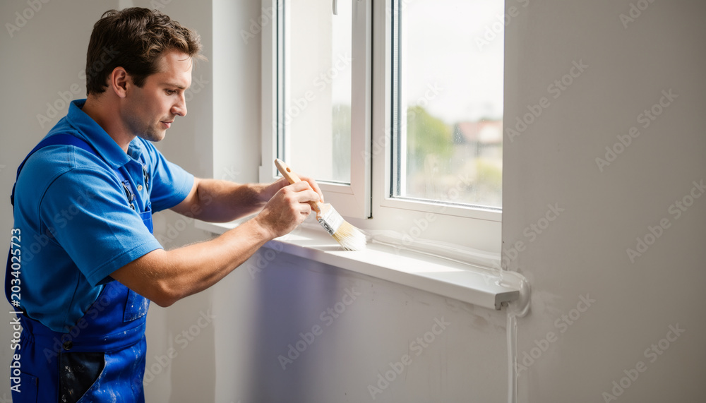 Fototapeta premium Professional painter in blue overalls using a small brush to apply fresh white coat on an interior window sill frame during a residential home renovation project