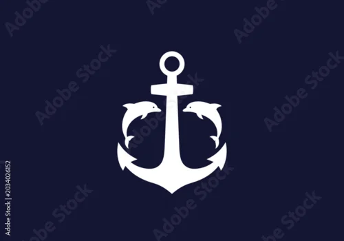 Obraz White anchor with two dolphins logo on dark blue background