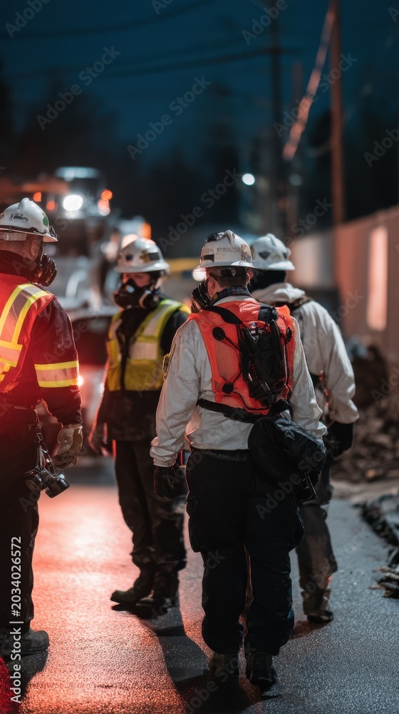 Naklejka premium Emergency response team members in protective gear at night. A group of professionals wearing helmets and gas masks are gathered outdoors at night, ready for a hazardous situation