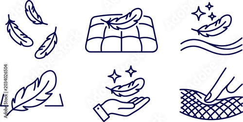 Photos Feather and down product icons set linear style lightness and comfort concept